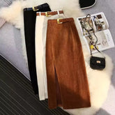 Lange Cordröcke mit hoher Taille und seitlichem Schlitz